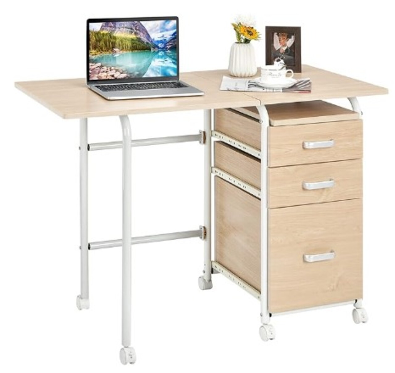 Rolling Folding Desk Table, Space-saving Compact Desk for Dorm Apartment, Study Writing Desk with Three Storage Drawers, and Folding Computer Desk with Smooth Wheels
